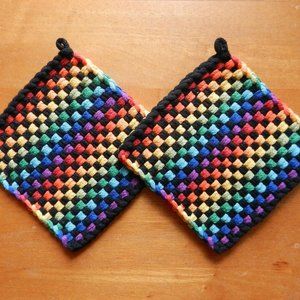 Set of 2 Handmade Artisan Woven Loomed Rainbow Fiesta Potholders Hot PadsTrivets